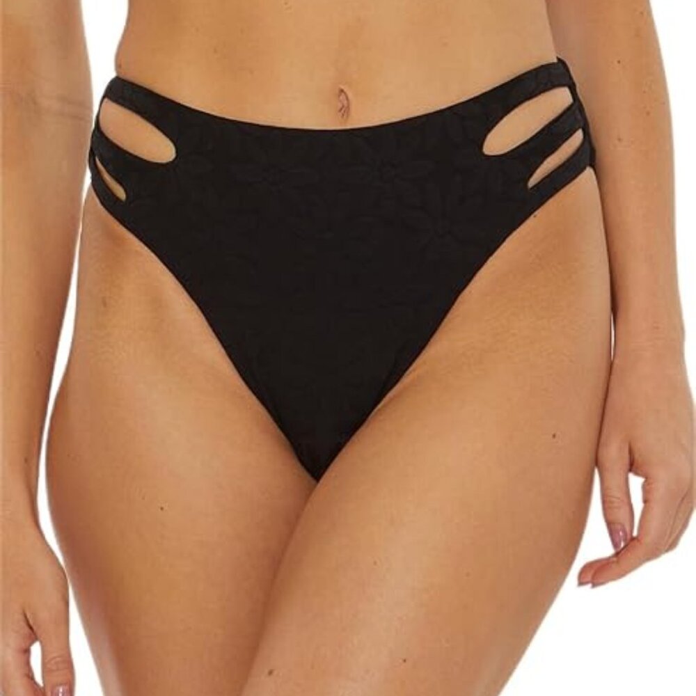 Trina Turk Joplin Cut Out High Waist Swim Bikini Bottom 4 Black Floral NWT
